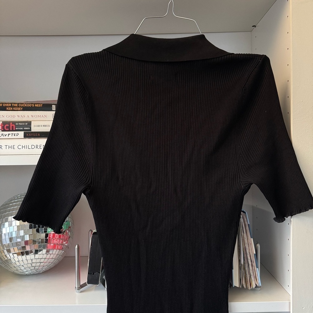 Good American Black Ribbed Short Sleeve Polo Stretch Knit Sweater Midi Dress - Picture 6 of 6